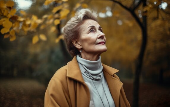 Thoughtful woman in jacket looking up in the autumn park. AI, Generative AI