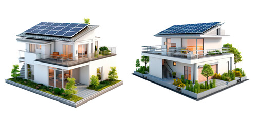 Set of modern house with solar panels, isolated on transparent background