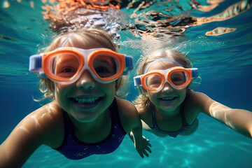 Naklejka premium Two Young Children Wearing Swim Goggles Delight in Carefree Summer Fun, Creating Cherished Childhood Memories. created with Generative AI