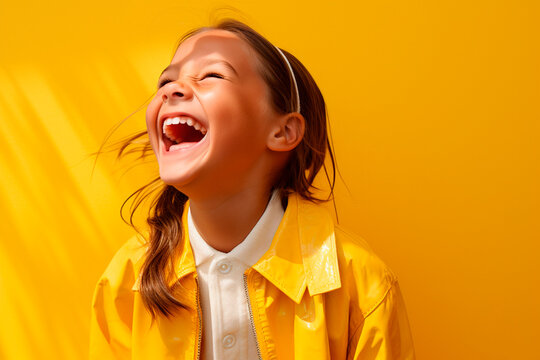 a little girl with pigtails laughing on yellow background. happy childhood concept. enjoy