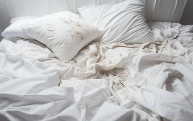 White bedding sheets and pillow background. AI, Generative AI
