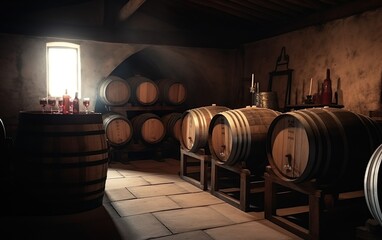 Winery with wine wooden barrels. AI, Generative AI