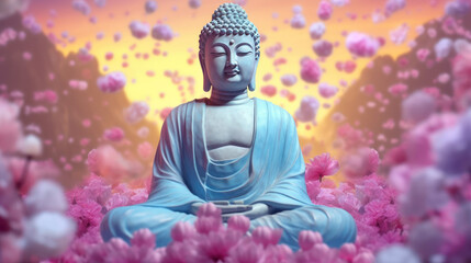 Buddha statue and pink flower background.