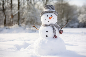 Obraz premium Christmas Theme Background with Snowman at Sunrise/Sunset, Generative AI