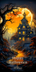 A mysterious forest and an old wooden house under a big moon. Happy Halloween