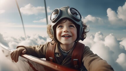 Aviator boy, excited, flying above clouds in the sky. Generative AI image weber.