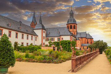 Ancient monastery, town Seligenstadt . Benedictine Abbey. Kloster and  herb garden. Germany. ...