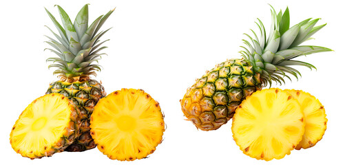 Set of pineapple slices and whole, isolated on transparent background
