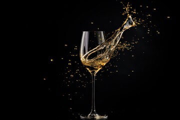 Gold champagne glass on black background