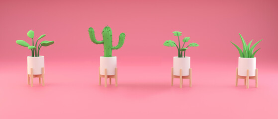 Collection set of 3d render cute illustration potted plants isolated on pastel background, 3d plants, white pot.