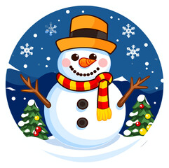 Round Christmas Sticker, Snowmen Illustration for Christmas