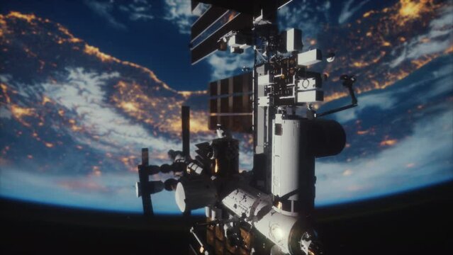 vision of the rotating International Space Station illuminated by the sun viewed from a satellite in its orbit. Elements furnished by NASA