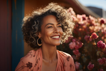 portrait of a Hispanic beautiful woman 40 years old outdoors in pink tones, smiling