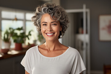 senior Hispanic woman with white gray hair in a white T-shirt against the background of the interior