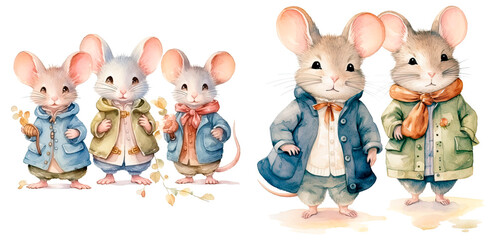 Set of  watercolor cartoon mice in clothes , in gentle pastel colors,  isolated on transparent background