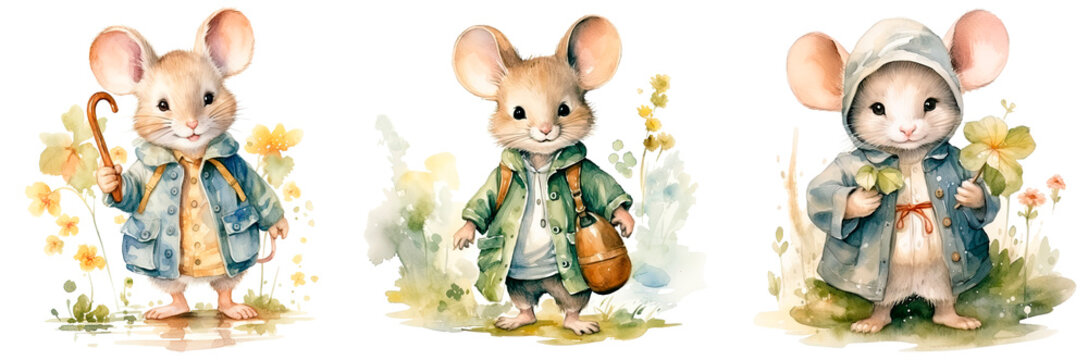 Set of  watercolor cartoon mouse in clothes walking in the garden , in gentle pastel colors, isolated on transparent background