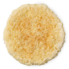 Frozen potato pancake isolated on white from above.