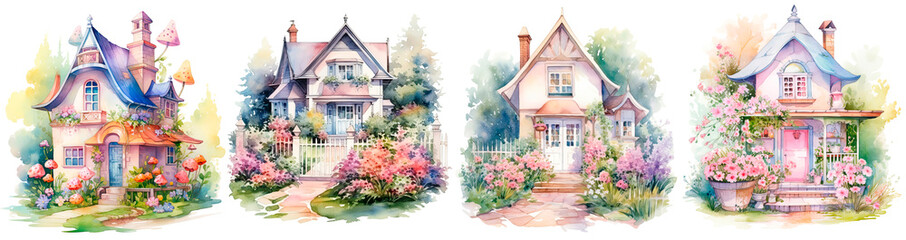 Fototapeta na wymiar Set of watercolor house in the garden, in gentle pastel colors, isolated on transparent background