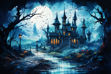 A mysterious forest and an old wooden house under a big moon. Happy Halloween