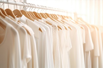 White women clothes on hangers on rack in fashion store. closet