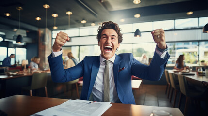 Businessman in the office joyfully raises his hands up celebrating victory and success in his work