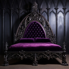 gothic bed with simple but effective carving, with tufted crystal embellished purple velvet detail