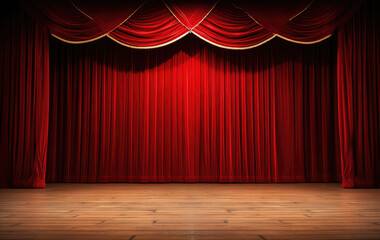 Red curtain and wooden floor interior background, template for product display, theater, interior stage.