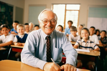 Portrait of a old teacher smiling in a classroom - obrazy, fototapety, plakaty