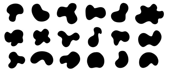 Random shape set. Big collection of organic black amoeba blobs. Abstract fluid splashes, irregular bubble silhouettes. Vector simple illustration