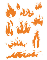 Fire doodle set, orange flat hand drawn fire