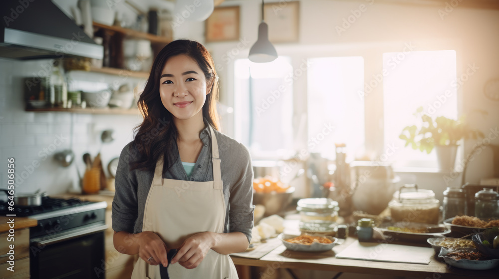 Wall mural portrait of a young woman in the kitchen