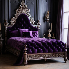 gothic bed with simple but effective carving, with tufted crystal embellished purple velvet detail