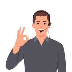 A man wearing a suit wearing a headset that shows an OK sign by hand. Flat vector illustration isolated on white background