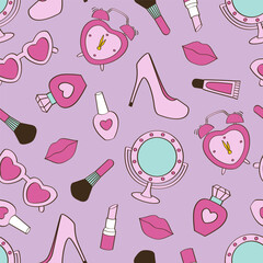 seamless pattern with cosmetic, sunglasses, mirror, High heels