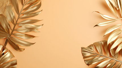 Gold colored tropical palm leaves on beige background AI Generated
