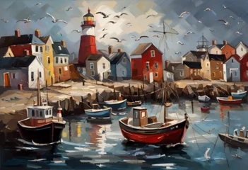 Deurstickers Oil painting of a clamoring harbor town, with fishing boats, seagulls, and a beacon behind the scenes, high difference, sensational lighting, and vigorously finished brushstrokes. © Arifuzzaman