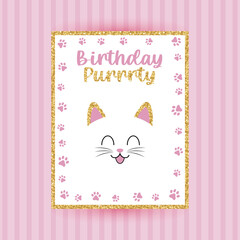 Cute cat golden and pink invitation template