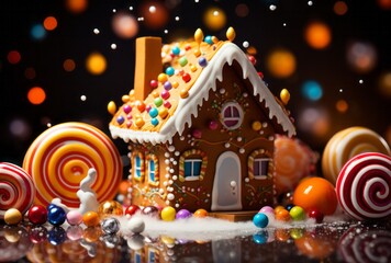 Photo of a colorful gingerbread house surrounded by a sweet and sugary landscape created with Generative AI technology