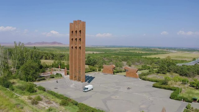 Orbital aerial shot of Sardarapat Memorial on sunny summer day. Araks, Armavir Province, Armenia.