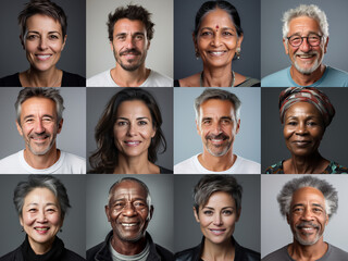 Collage of ethnically different happy people modern portraits, Success, smiling and happiness multicultural faces looking at camera, Human resource society database concept.