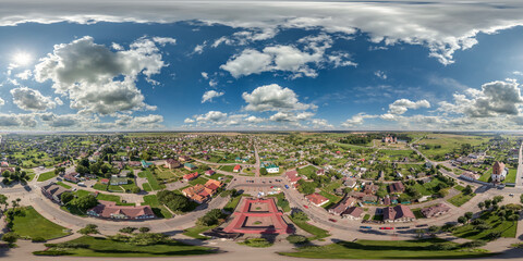 aerial hdri 360 panorama view from great height on buildings, churches and center market square of...