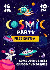 Fototapeta premium Cosmic party flyer. Cartoon funny space characters and starry galaxy background. Vector invitation poster with kid cosmonaut on planet with universe landscape, aliens and stars. Invite to music show