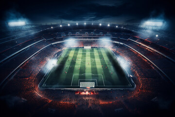 Aerial view on soccer stadium in evening time, Football arena with people city, championship, live...