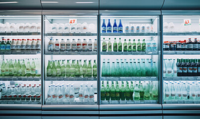 Fresh organic drinks, water in the fridge a supermarket, Variety Shopping  in a supermarket, healthy consumerism food concept.