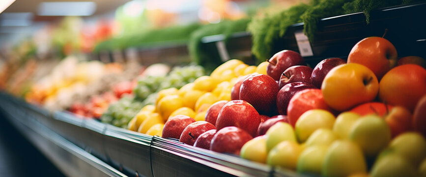 Fresh organic fruits on a shelf in a supermarket, Variety Shopping  in a supermarket apples, oranges, bananas, grapes, pineapples lemons, healthy consumerism food concept.