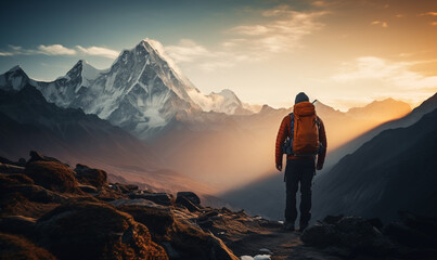 Fototapeta premium Male hiker traveling, walking alone in Himalayas under sunset light, man traveler enjoys with backpack hiking in mountains. Travel, adventure, relax, recharge concept.
