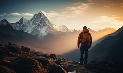 Poster Male hiker traveling, walking alone in Himalayas under sunset light, man traveler enjoys with backpack hiking in mountains. Travel, adventure, relax, recharge concept. © Andrii IURLOV