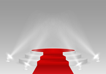 Stage Podium with Red Carpet Illuminated with Spotlights for Award Ceremony, Product or Cosmetic Presentation or Event Exhibition. Winner Podium. Vector Illustration.