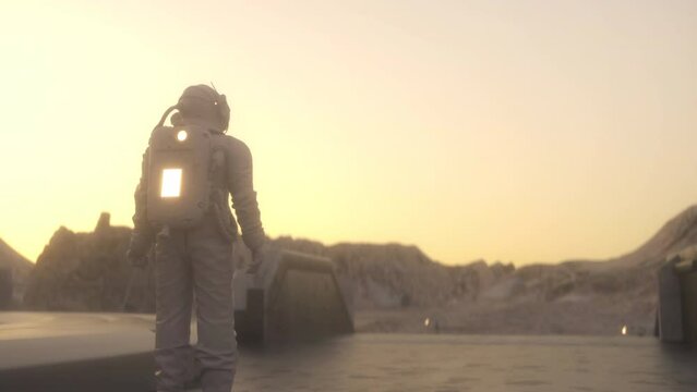 Space mission on red planet. Futuristic colonization and space exploration concept