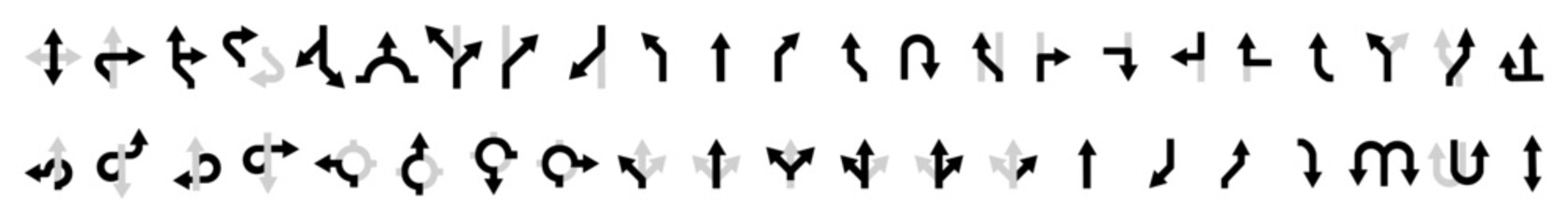 Path or direction on arrows sign collage. Road navigation arrows on a white background. Vector black line branching road arrow. Marking the direction of movement, the location of the intersection poin
